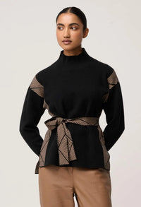 Once Was - Nomadic High Neck Wool Viscose Blend Sweater in Black Chevron