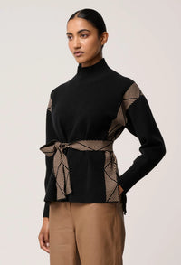 Once Was - Nomadic High Neck Wool Viscose Blend Sweater in Black Chevron
