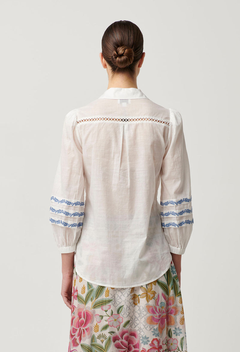 Once Was - Fleurine Embroidered Cotton Slub Shirt in Milk