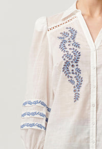 Once Was - Fleurine Embroidered Cotton Slub Shirt in Milk