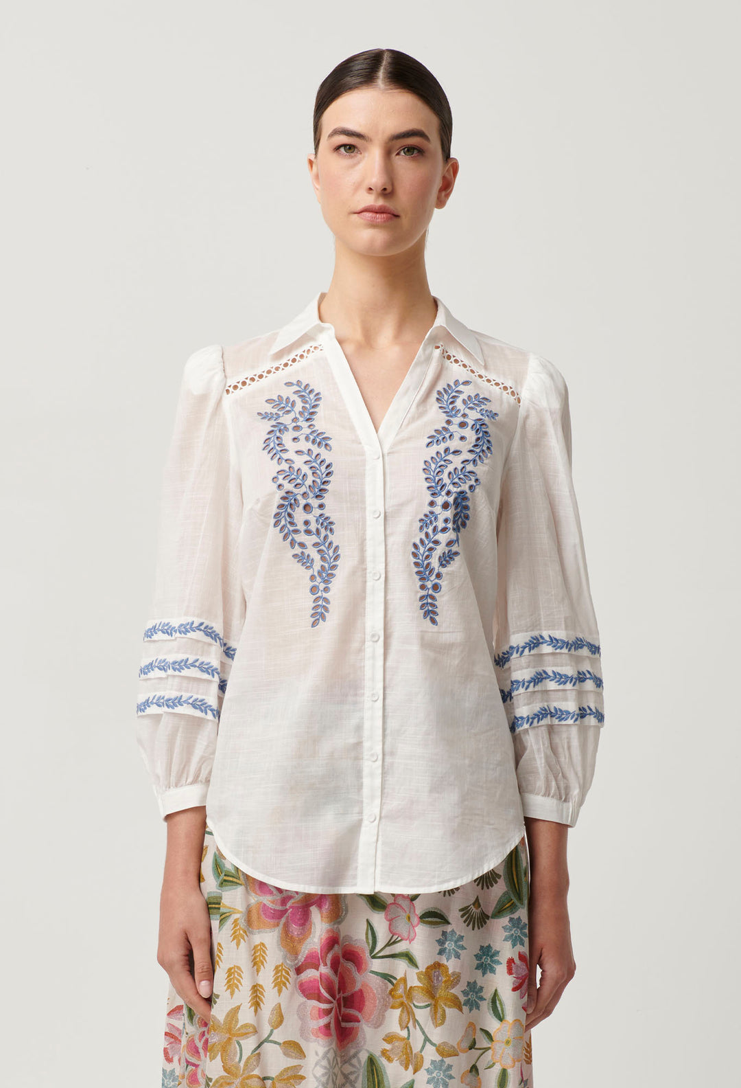 Once Was - Fleurine Embroidered Cotton Slub Shirt in Milk
