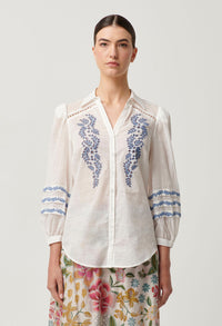 Once Was - Fleurine Embroidered Cotton Slub Shirt in Milk