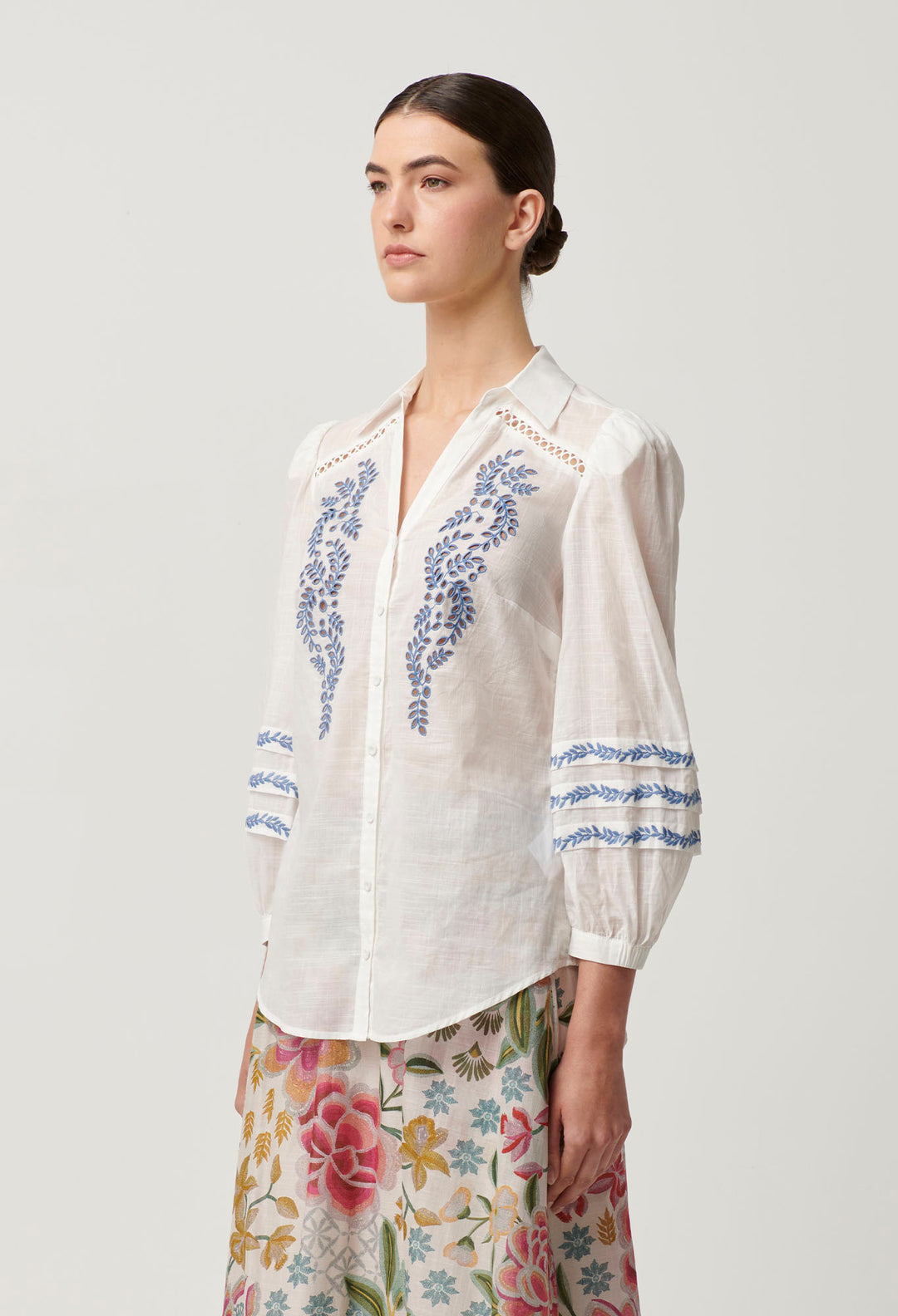 Once Was - Fleurine Embroidered Cotton Slub Shirt in Milk