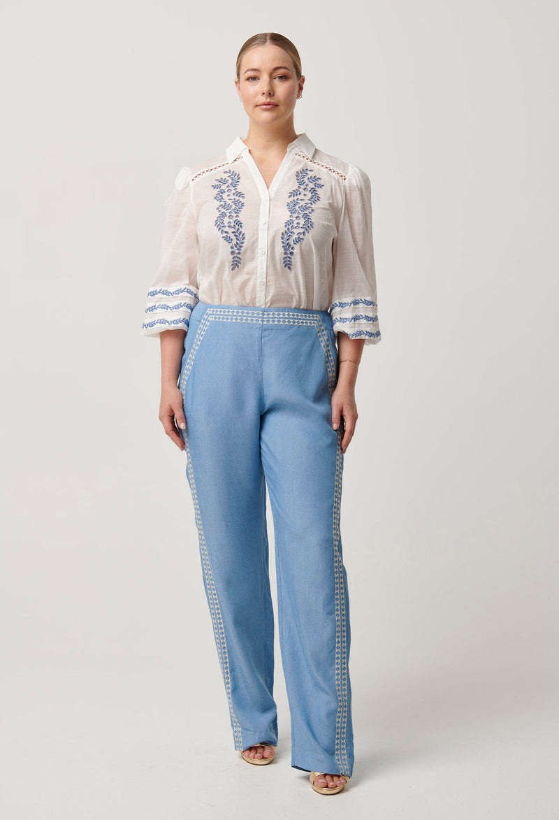 Once Was - Fleurine Embroidered Cotton Slub Shirt in Milk