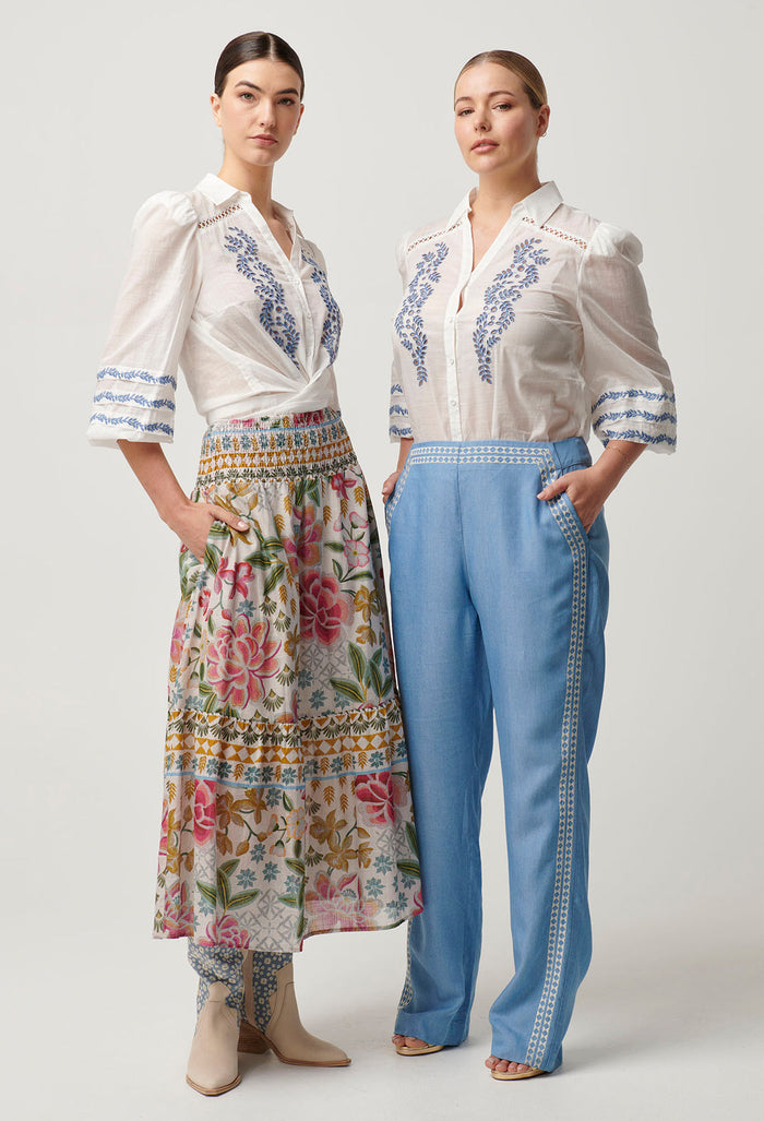 Once Was - Fleurine Embroidered Cotton Slub Shirt in Milk