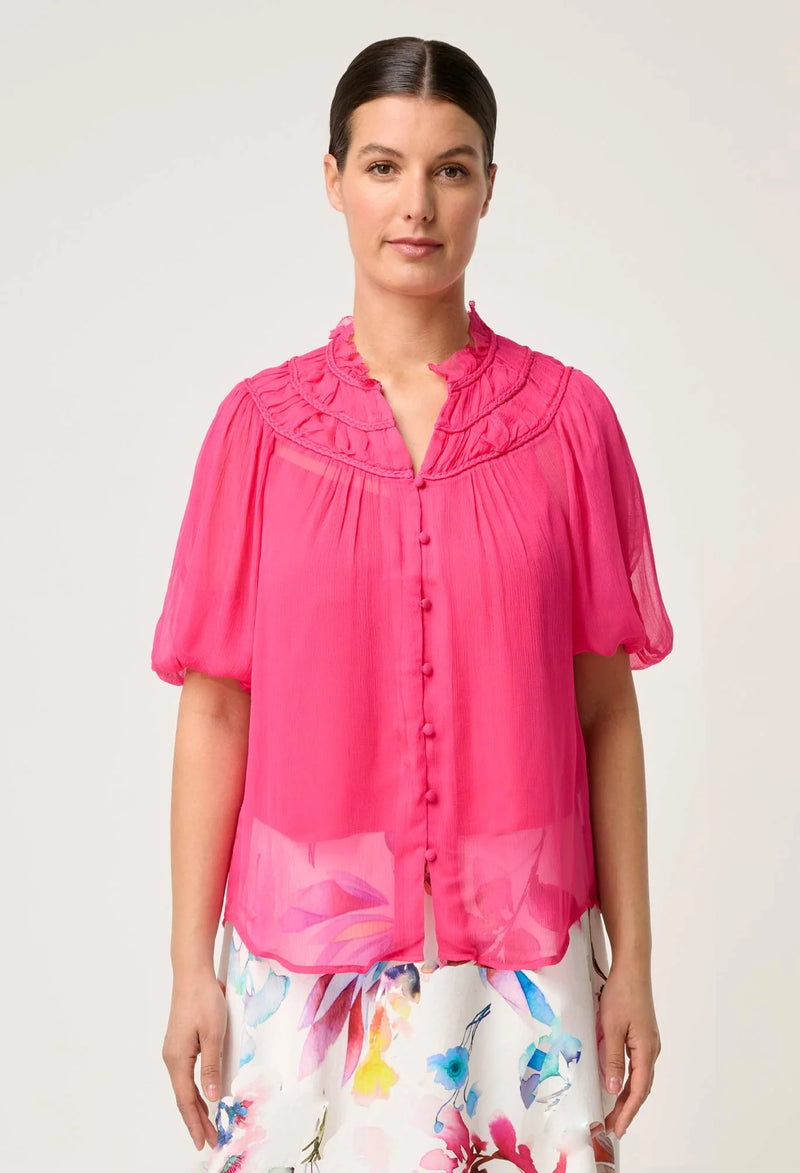 Once Was - Selini Braided Viscose Chiffon Blouse - CELOSIA PINK