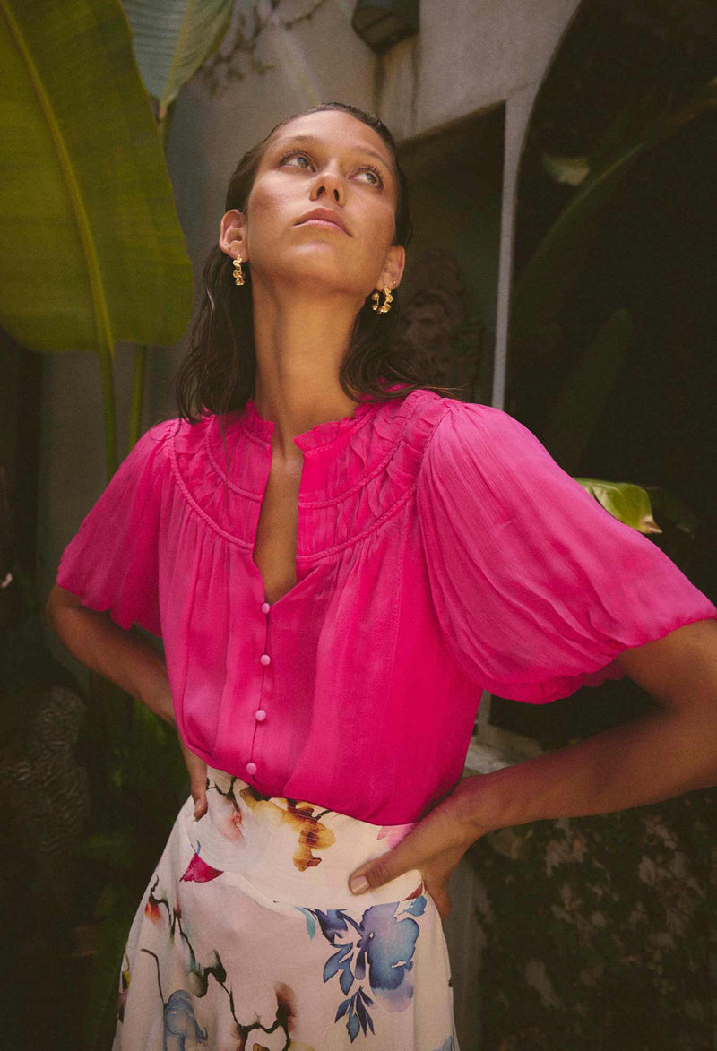 Once Was - Selini Braided Viscose Chiffon Blouse - CELOSIA PINK