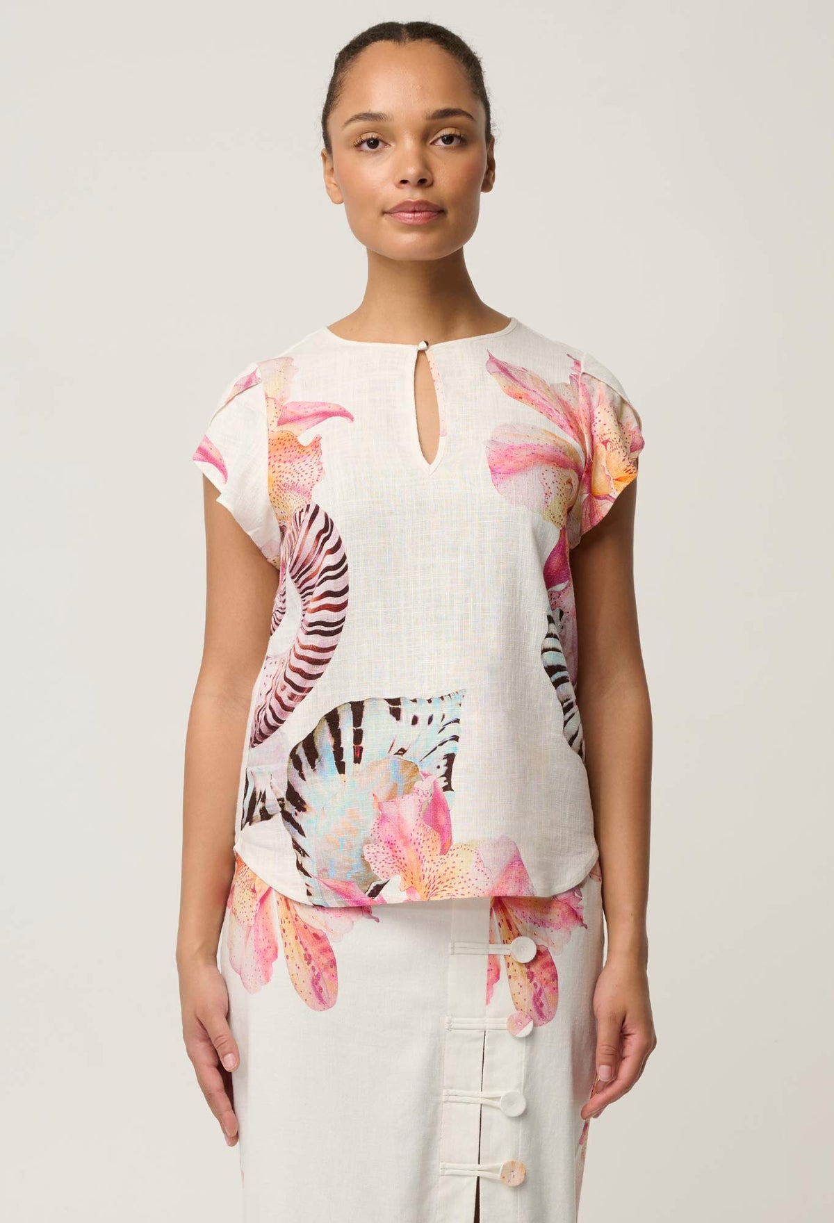 OnceWas Avis Linen Viscose Top in Nautilus Bloom