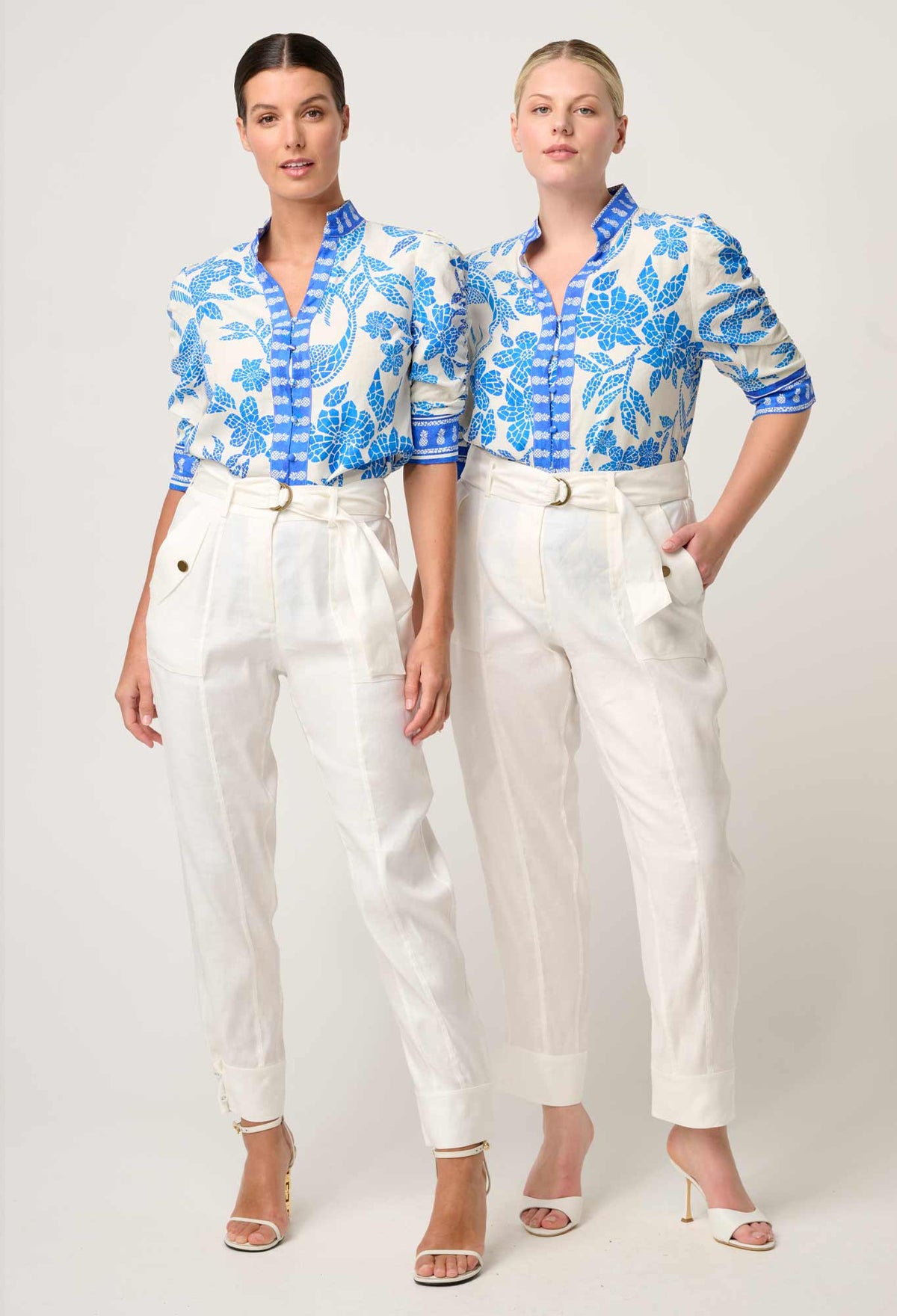 Once Was - Calantha Viscose Dobby Ruched Sleeve Shirt in Azure Mosaic