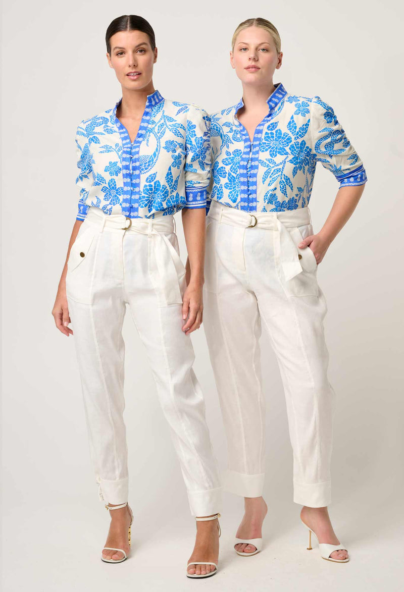 Once Was - Calantha Viscose Dobby Ruched Sleeve Shirt in Azure Mosaic