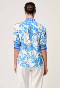 Once Was - Calantha Viscose Dobby Ruched Sleeve Shirt in Azure Mosaic
