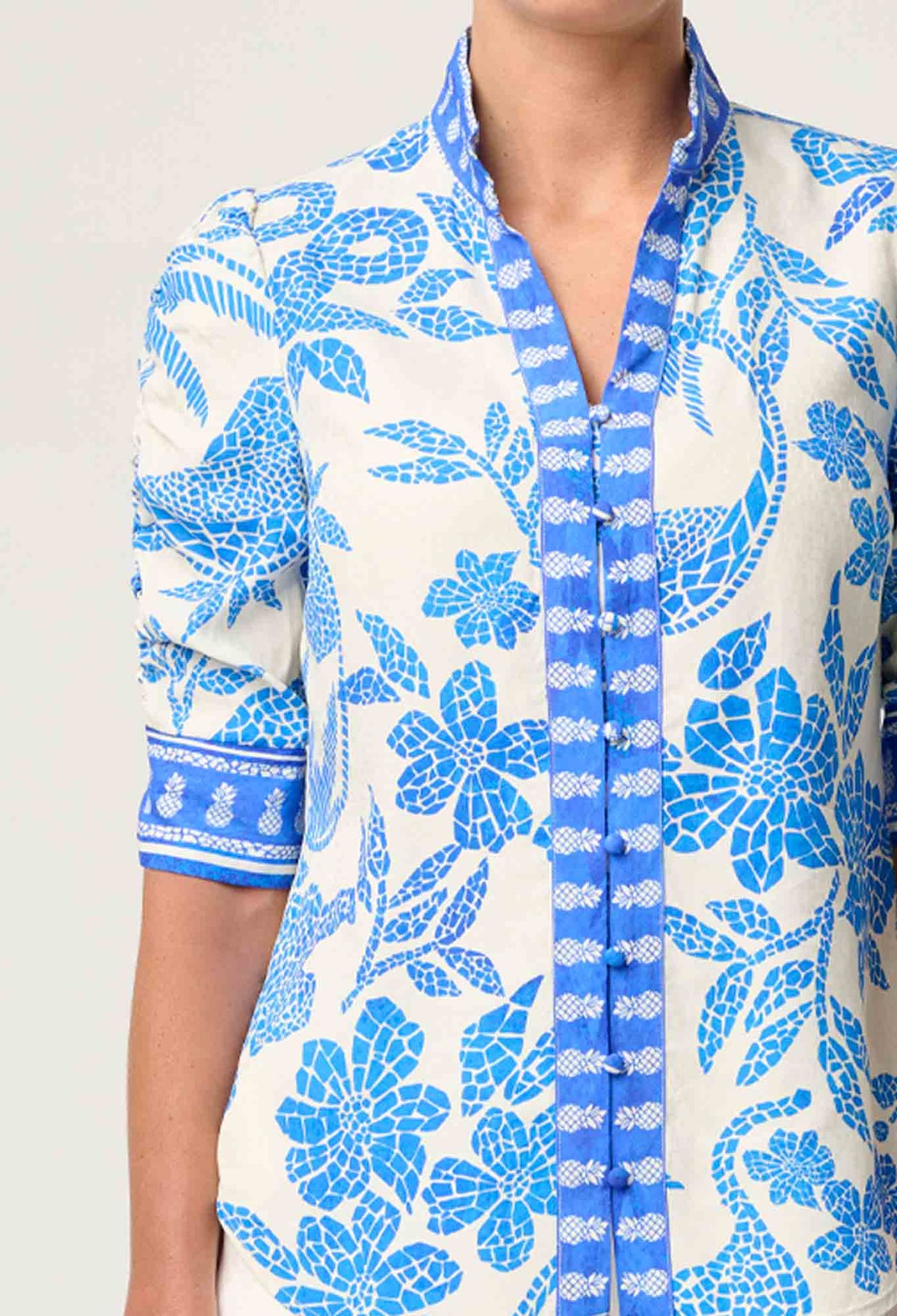 Once Was - Calantha Viscose Dobby Ruched Sleeve Shirt in Azure Mosaic
