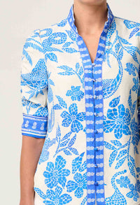 Once Was - Calantha Viscose Dobby Ruched Sleeve Shirt in Azure Mosaic