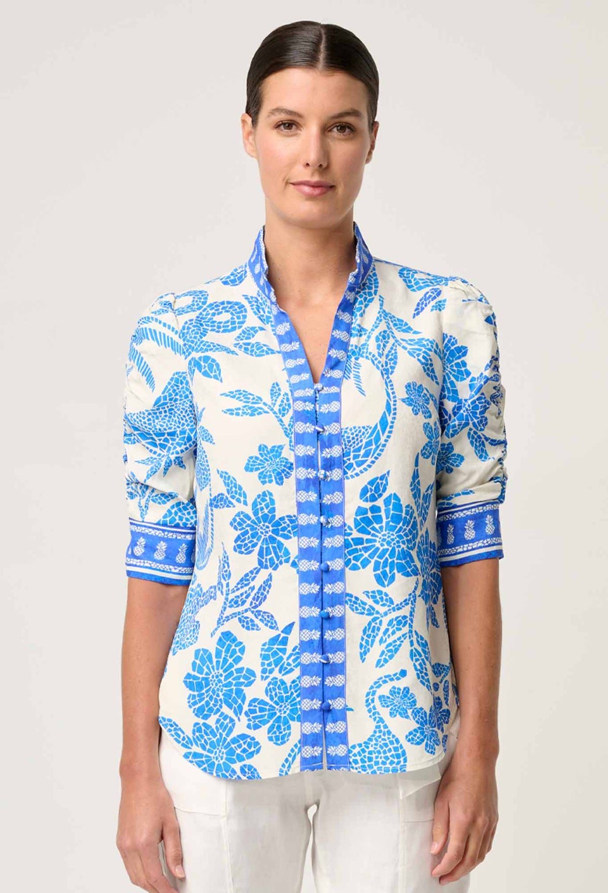 Once Was - Calantha Viscose Dobby Ruched Sleeve Shirt in Azure Mosaic