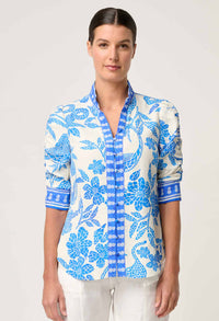 Once Was - Calantha Viscose Dobby Ruched Sleeve Shirt in Azure Mosaic