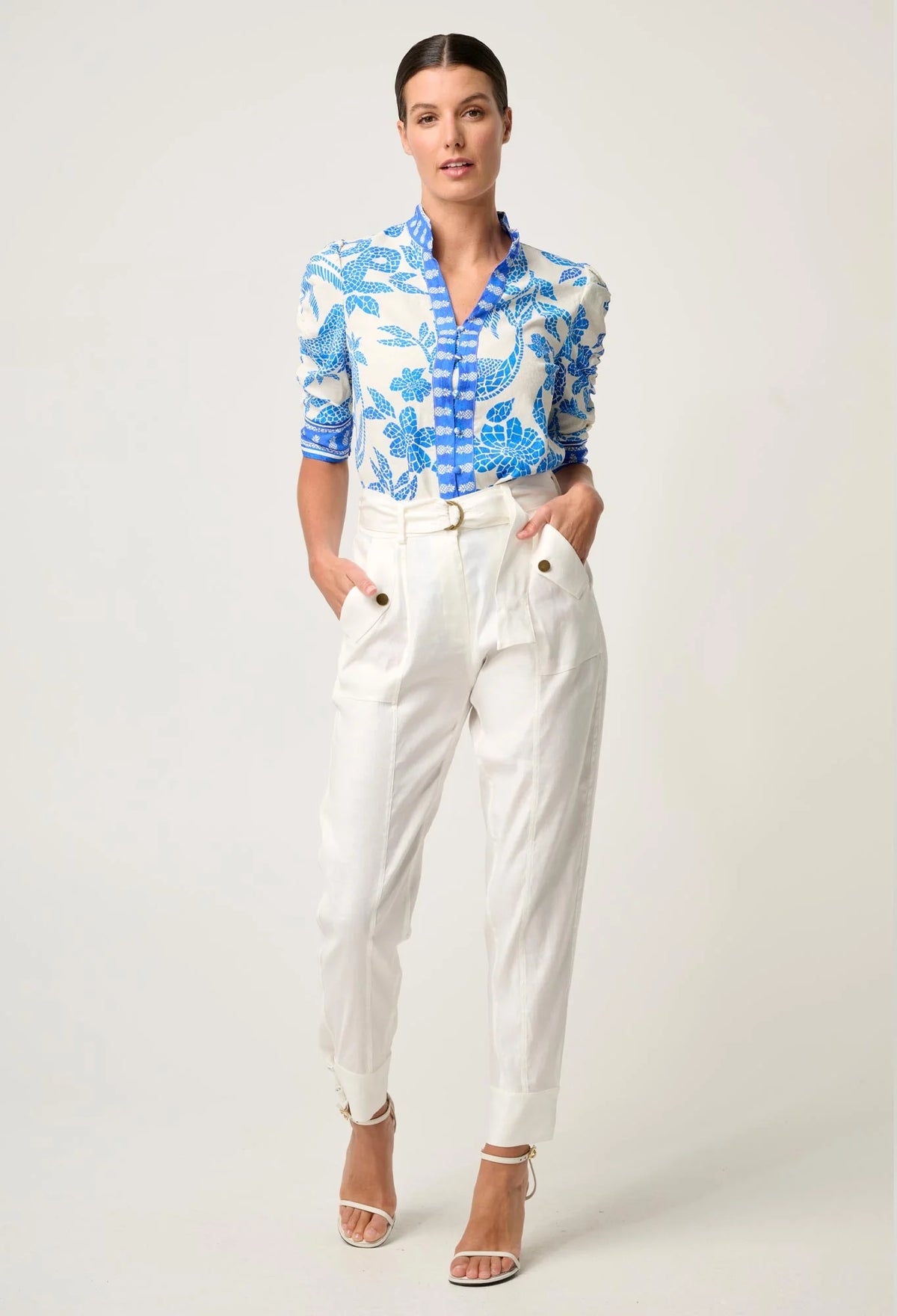Once Was - Calantha Viscose Dobby Ruched Sleeve Shirt in Azure Mosaic