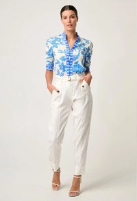 Once Was - Calantha Viscose Dobby Ruched Sleeve Shirt in Azure Mosaic