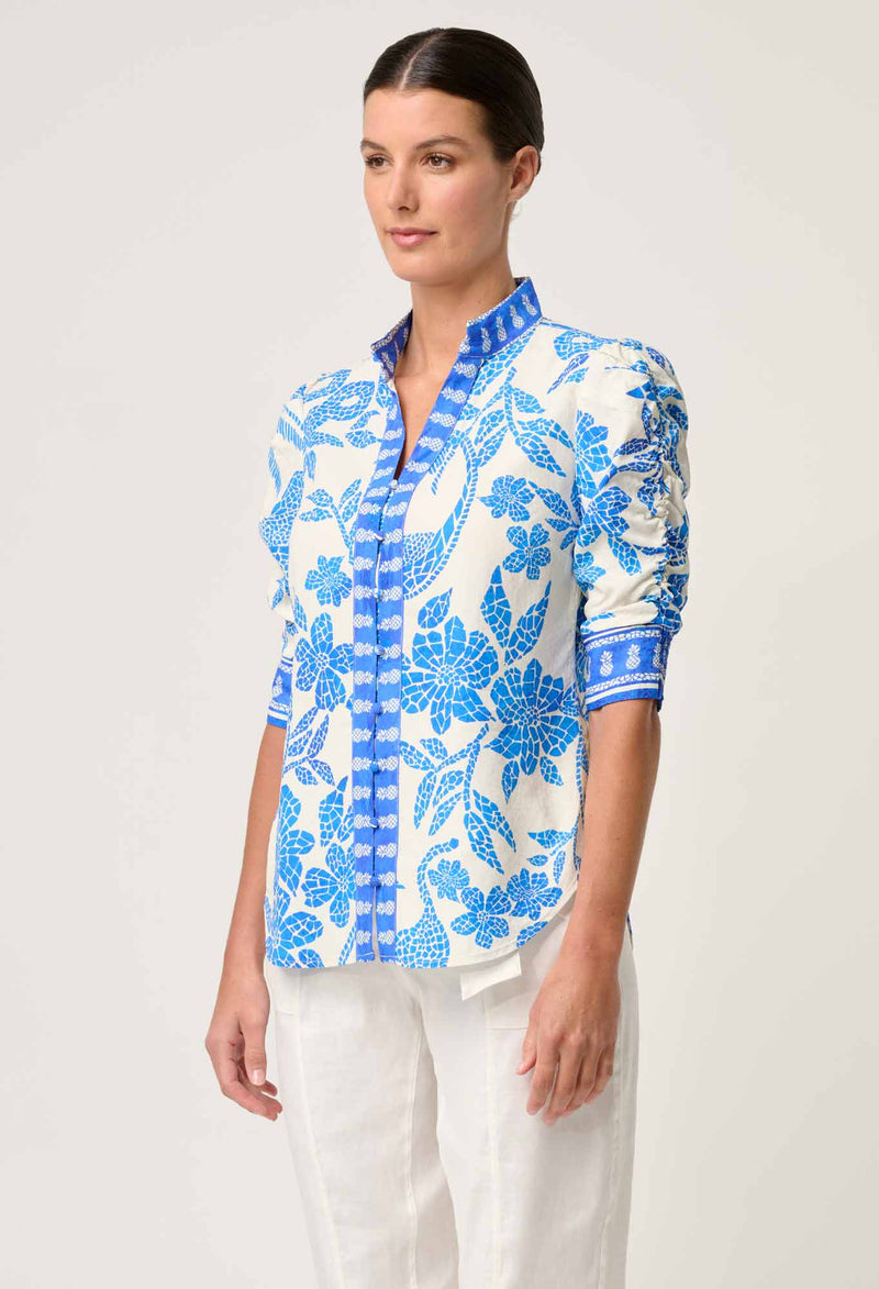 Once Was - Calantha Viscose Dobby Ruched Sleeve Shirt in Azure Mosaic
