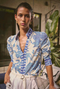 Once Was - Calantha Viscose Dobby Ruched Sleeve Shirt in Azure Mosaic