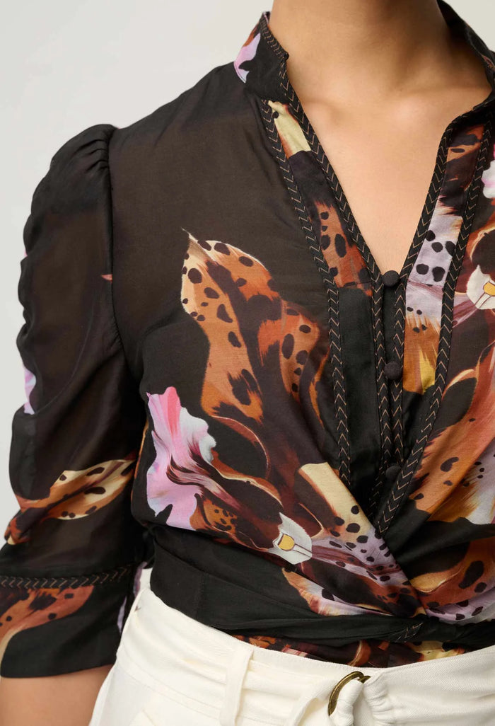 Once Was - Calantha Cotton Silk Ruched Sleeve Shirt - Sunset Orchid