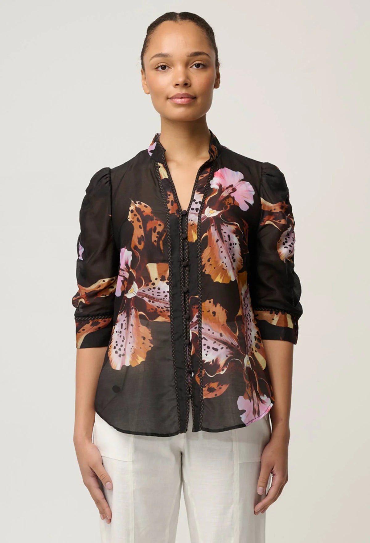 Once Was - Calantha Cotton Silk Ruched Sleeve Shirt - Sunset Orchid