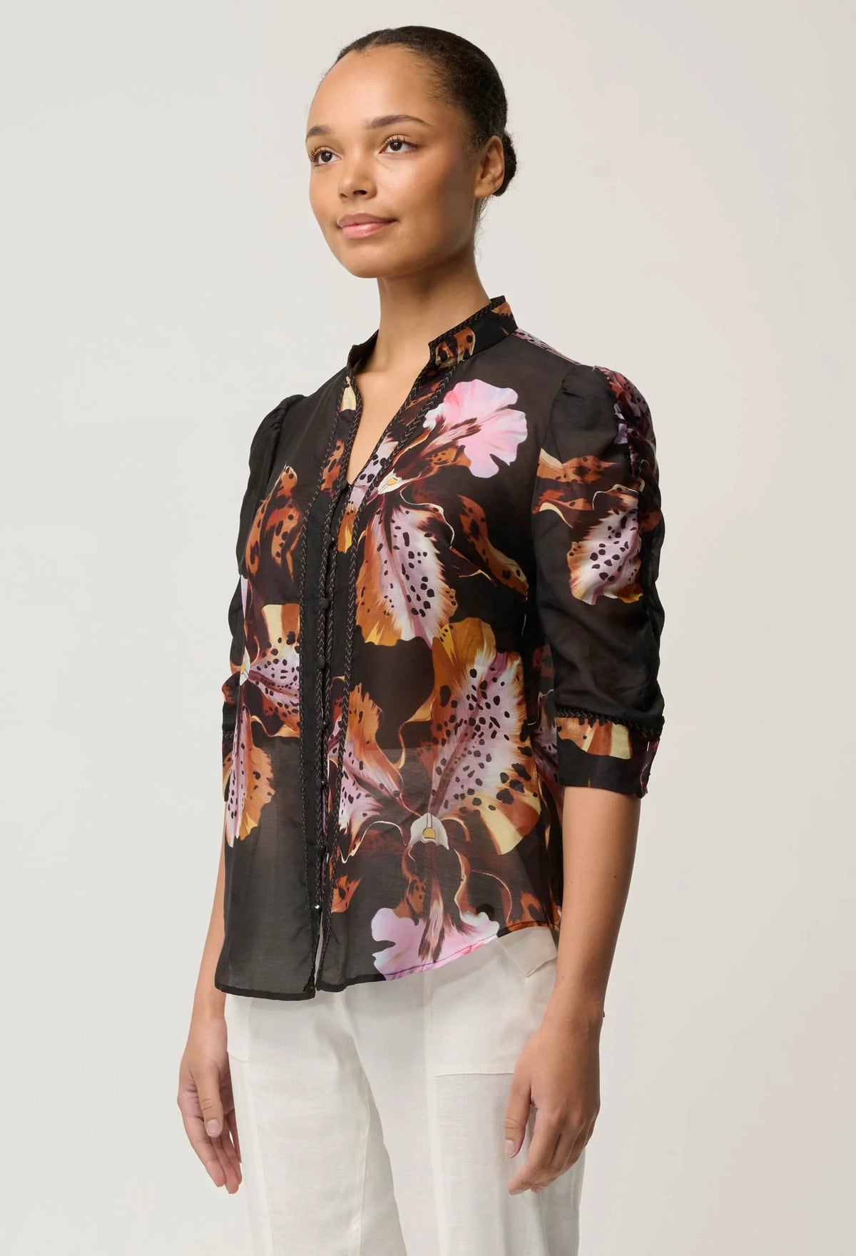 Once Was - Calantha Cotton Silk Ruched Sleeve Shirt - Sunset Orchid