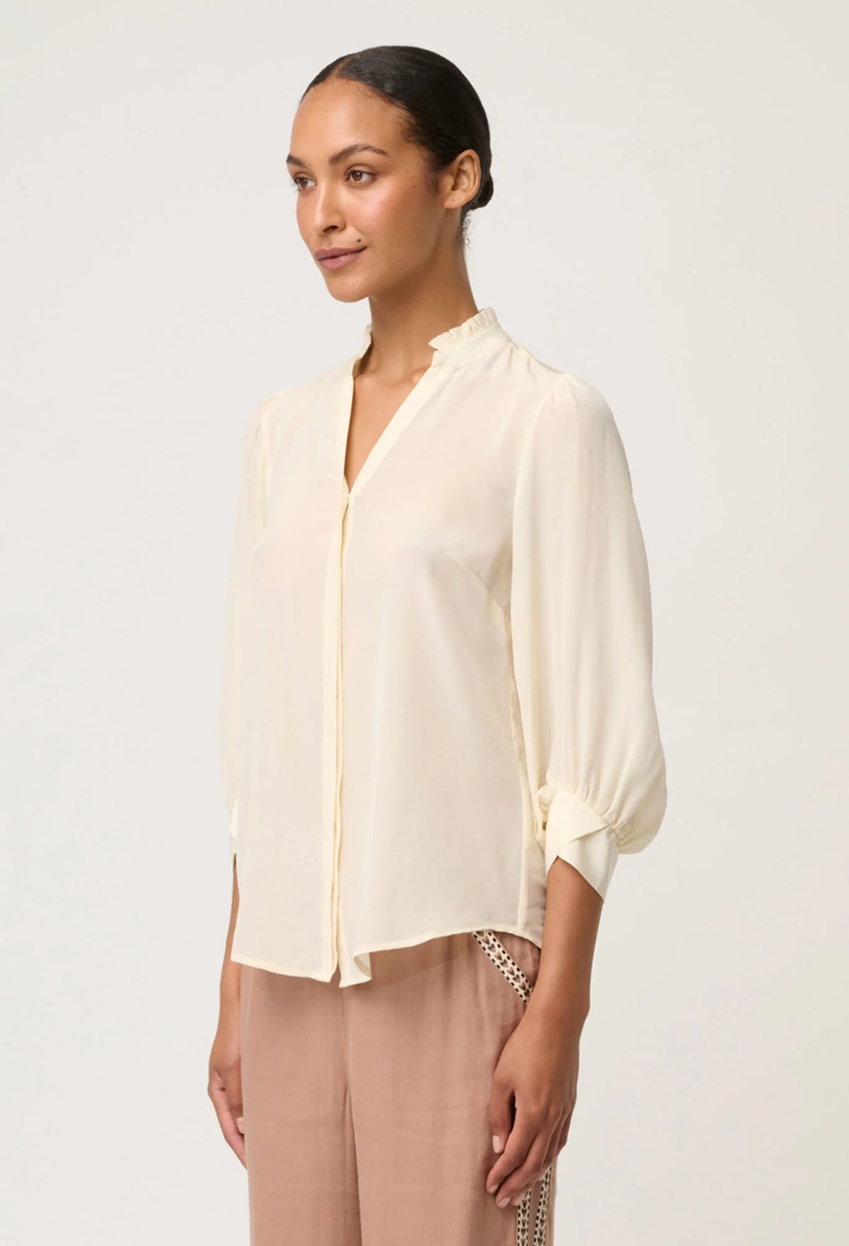 Once Was - Chloe Silk Criss Cross Cuffed Shirt in Cloud