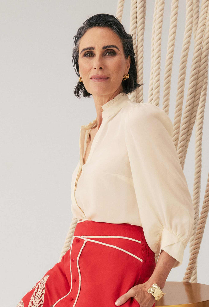 Once Was - Chloe Silk Criss Cross Cuffed Shirt in Cloud