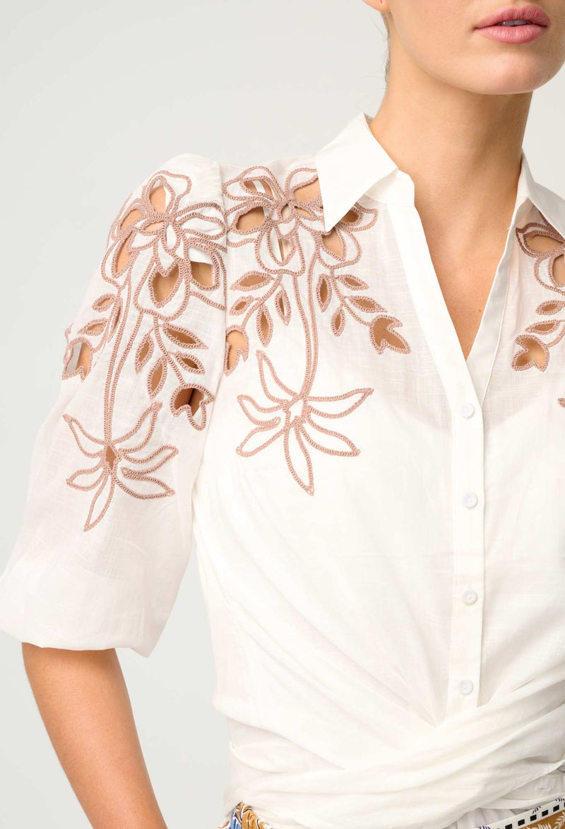 Once Was - Callisto Cotton Embroidered Shirt in Ivory-Dune
