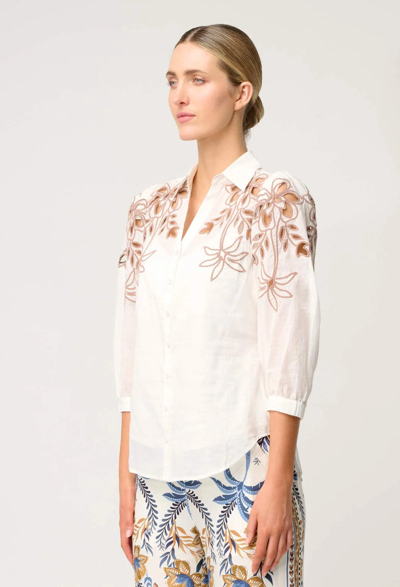 Once Was - Callisto Cotton Embroidered Shirt in Ivory-Dune