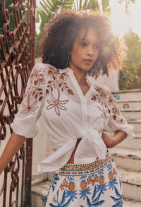 Once Was - Callisto Cotton Embroidered Shirt in Ivory-Dune