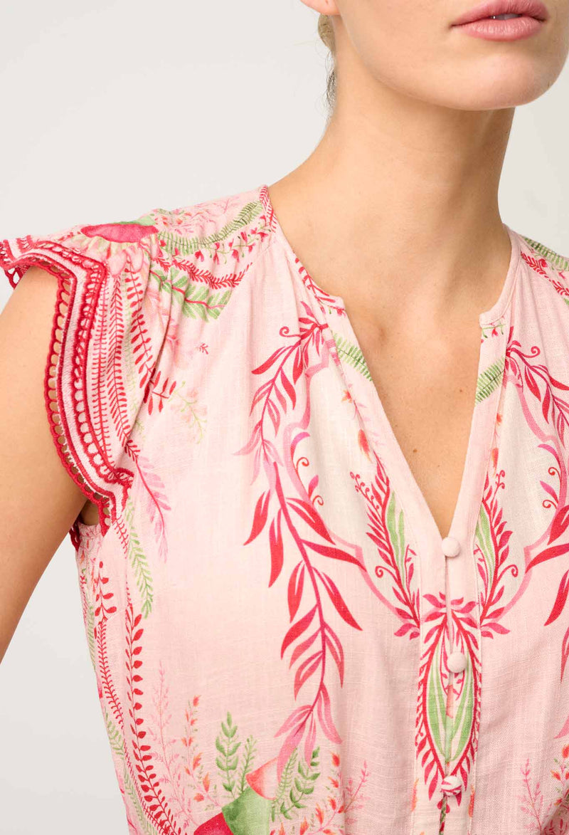 Once Was - Aseel Linen Viscose Embroidered Top in Palmarosa