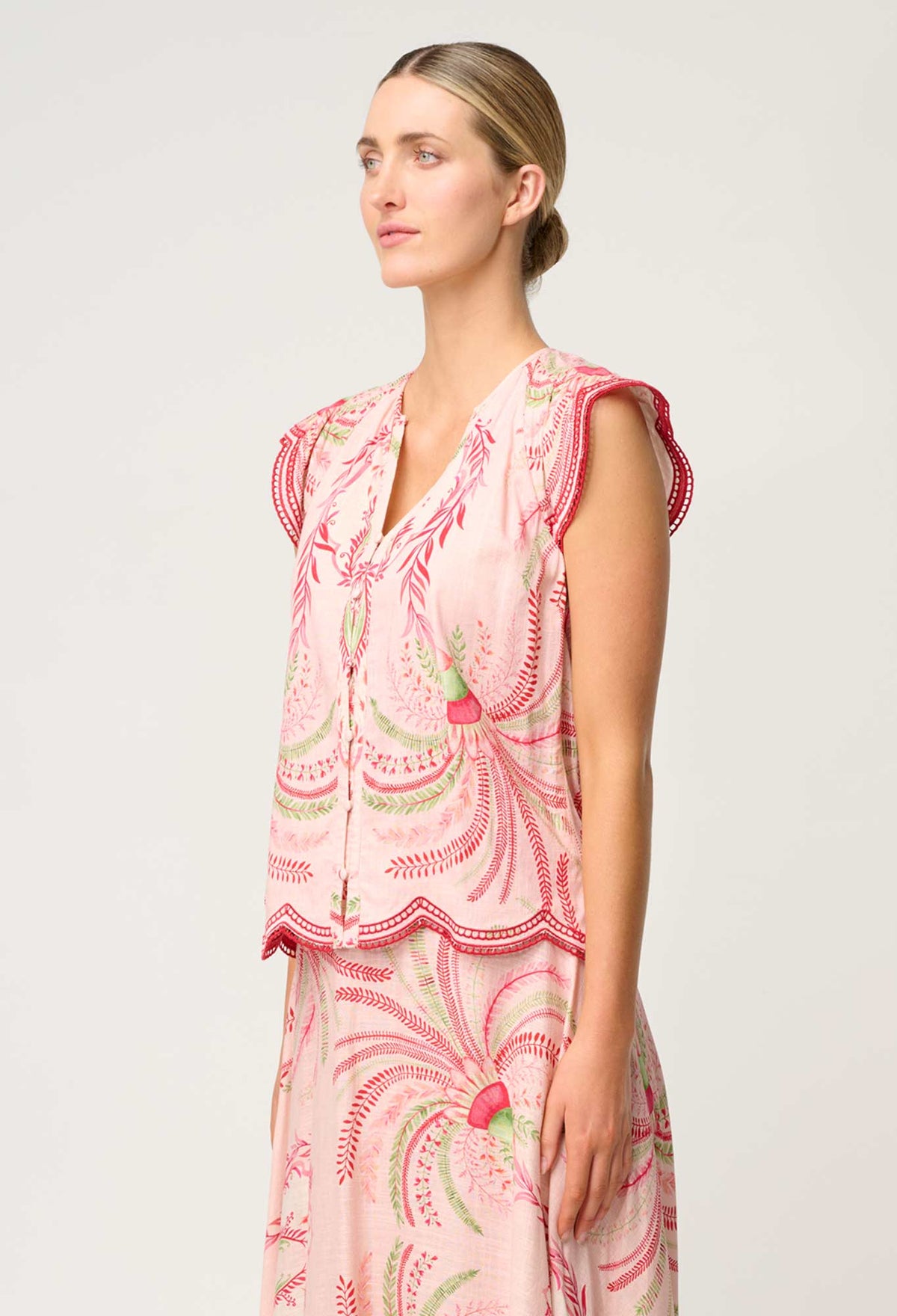 Once Was - Aseel Linen Viscose Embroidered Top in Palmarosa