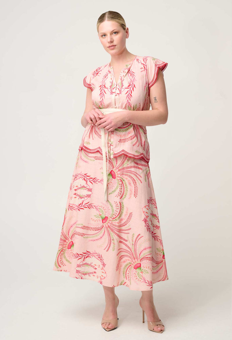 Once Was - Aseel Linen Viscose Embroidered Top in Palmarosa