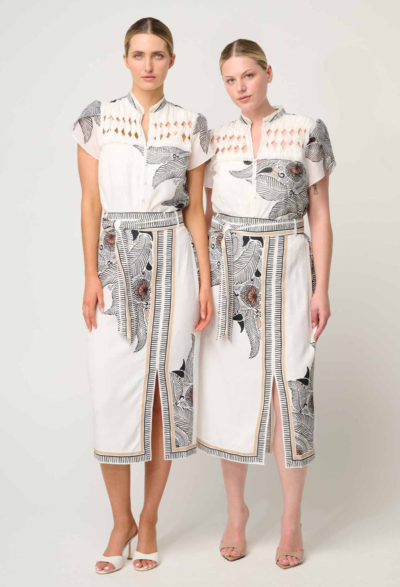 Once Was - Zenobia Contrast Trim Viscose Skirt - Ivory Casablanca