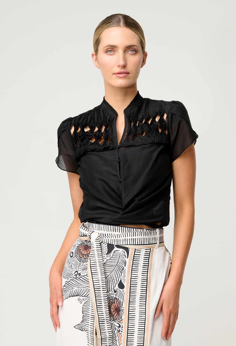 Once Was - Dalia Diamond Smock Yoke Silk Cotton Blouse