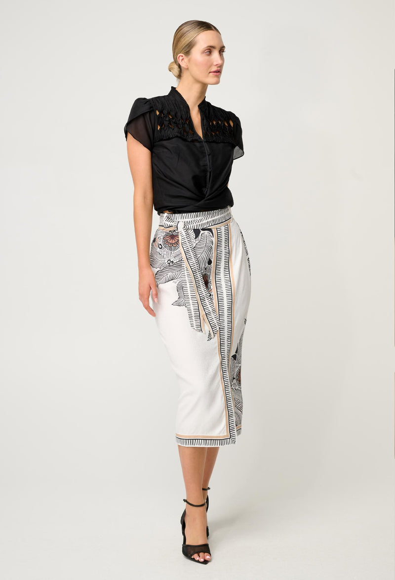 Once Was - Zenobia Contrast Trim Viscose Skirt - Ivory Casablanca