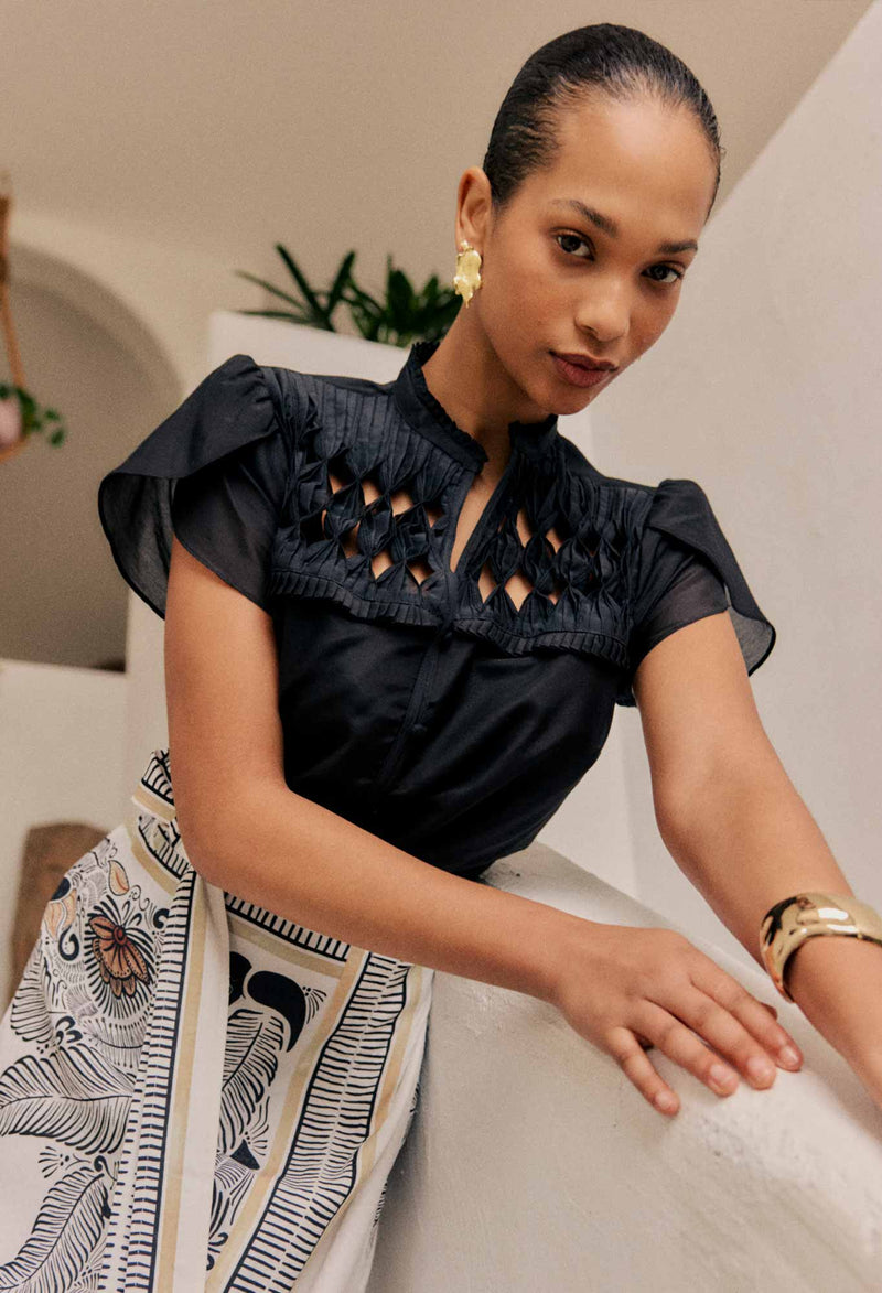 Once Was - Dalia Diamond Smock Yoke Silk Cotton Blouse