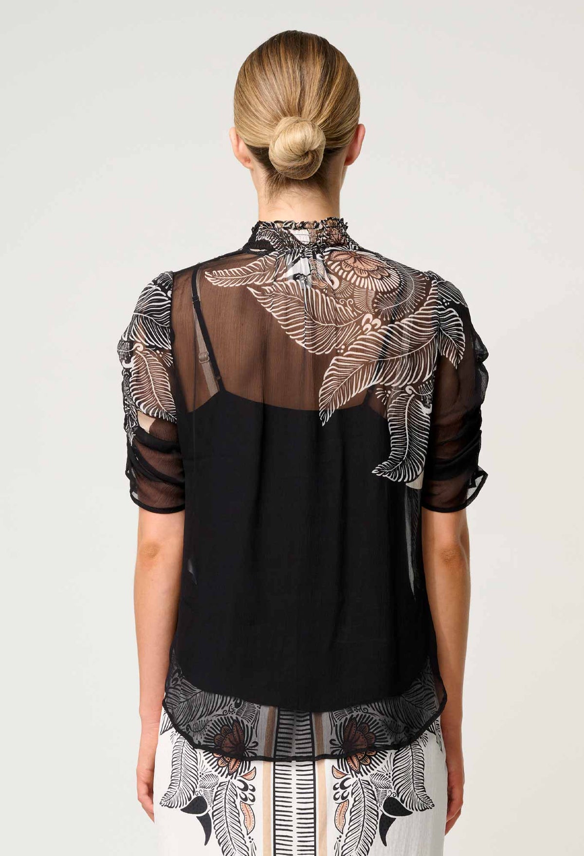 Once Was - Samira Viscose Chiffon Placement Print Ruched Sleeve Blouse