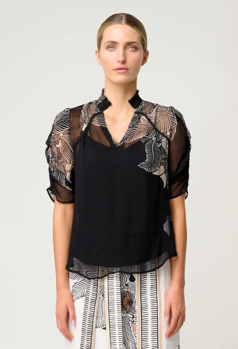 Once Was - Samira Viscose Chiffon Placement Print Ruched Sleeve Blouse