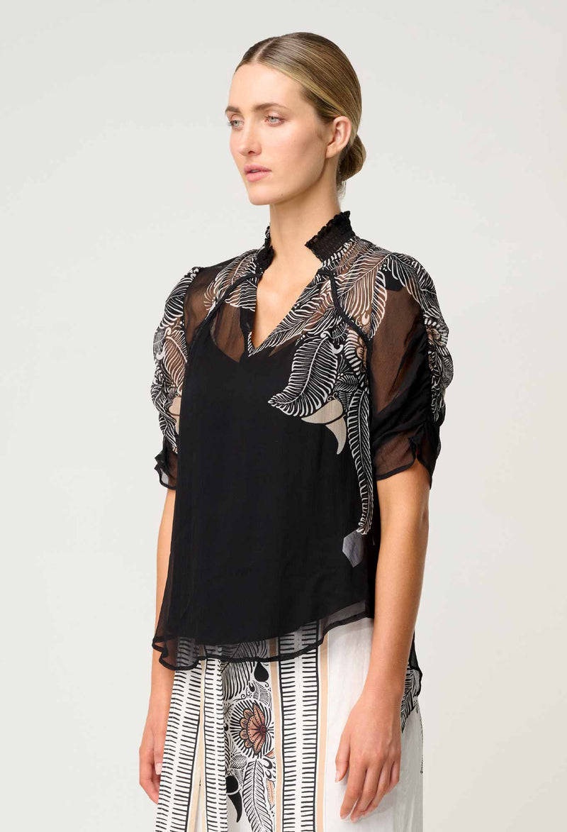 Once Was - Samira Viscose Chiffon Placement Print Ruched Sleeve Blouse