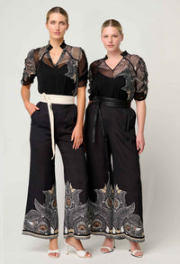 Once Was - Samira Viscose Chiffon Placement Print Ruched Sleeve Blouse