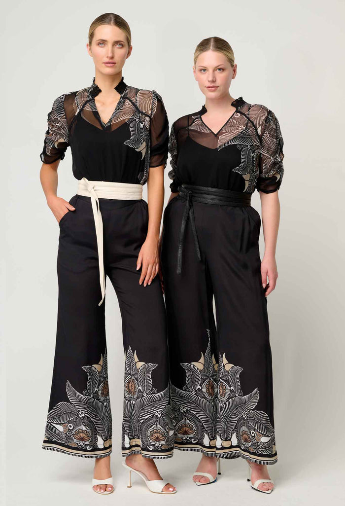 Once Was - Samira Viscose Chiffon Placement Print Ruched Sleeve Blouse