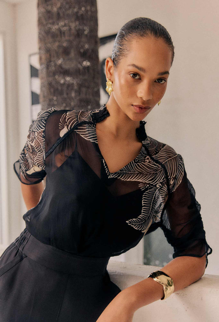 Once Was - Samira Viscose Chiffon Placement Print Ruched Sleeve Blouse