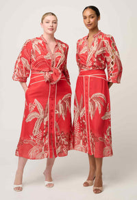 Once Was - Audrey Embroidered Viscose Faille Blouse in Crimson Palms