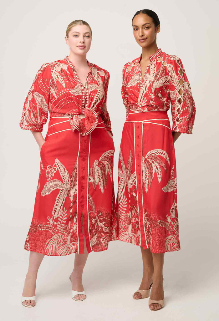 Once Was - Audrey Embroidered Viscose Faille Blouse in Crimson Palms