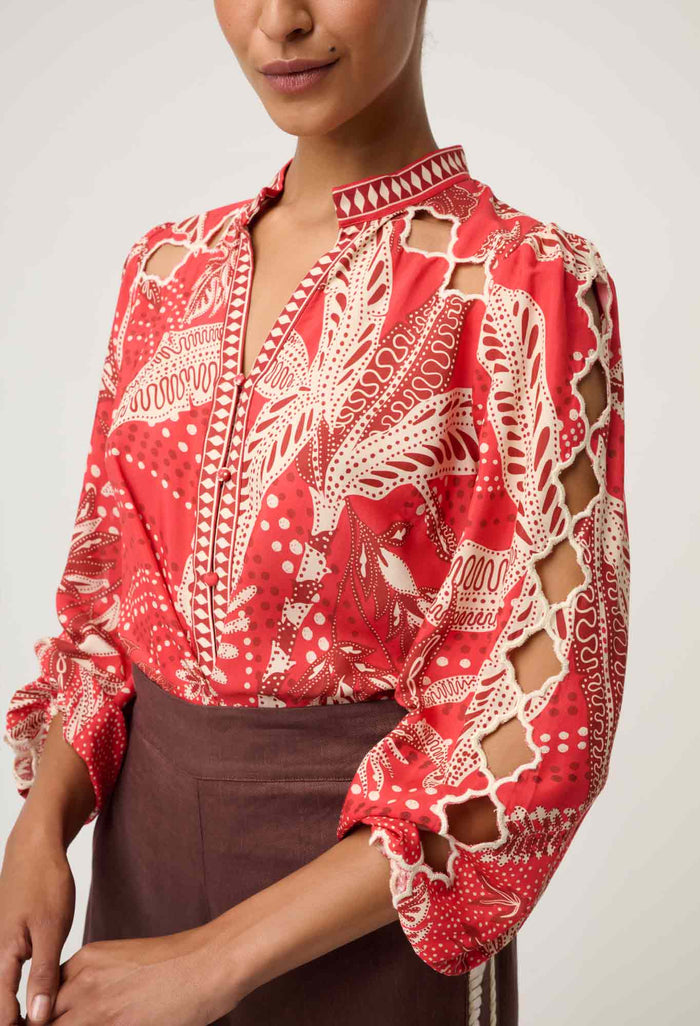 Once Was - Audrey Embroidered Viscose Faille Blouse in Crimson Palms