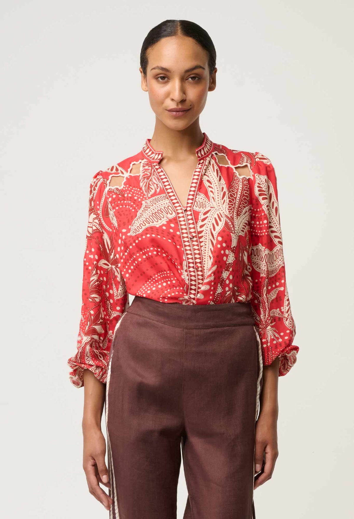 Once Was - Audrey Embroidered Viscose Faille Blouse in Crimson Palms