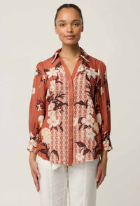 OnceWas Nerine print shirt in Amber Vine, front view showing concealed button placket