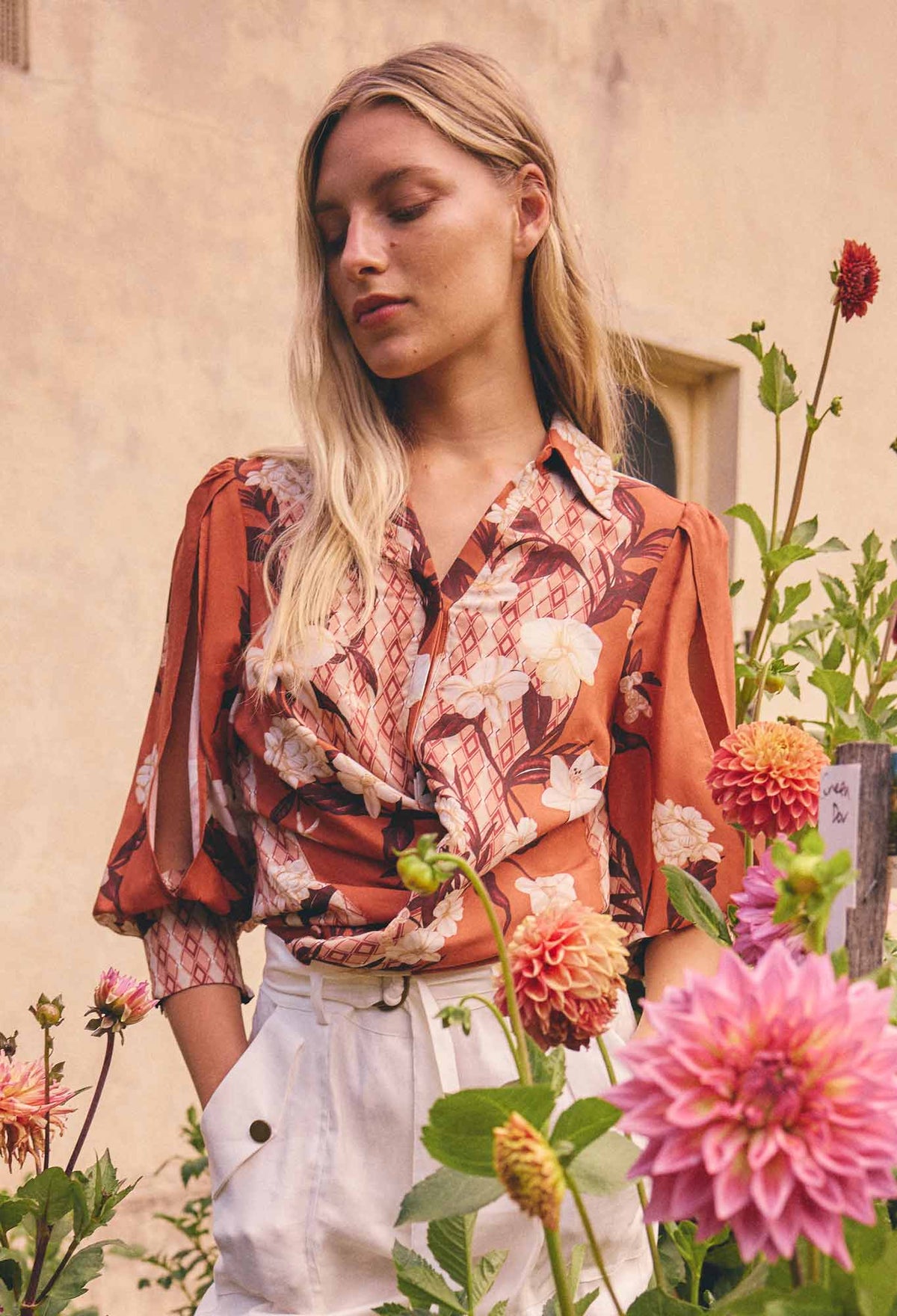 OnceWas Nerine cut-out sleeve print shirt in Amber Vine